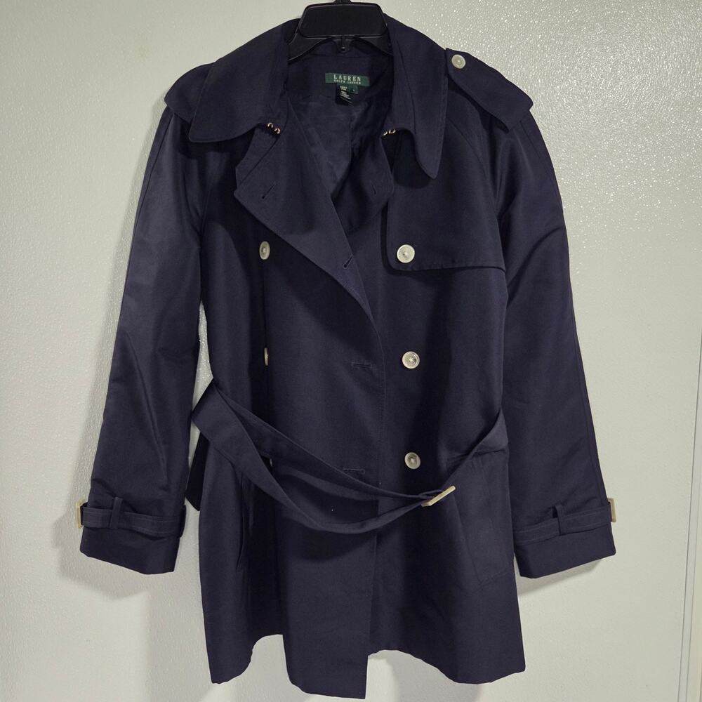 Lauren Ralph Lauren Double-Breasted Belted Trench Coat in Navy Blue Large